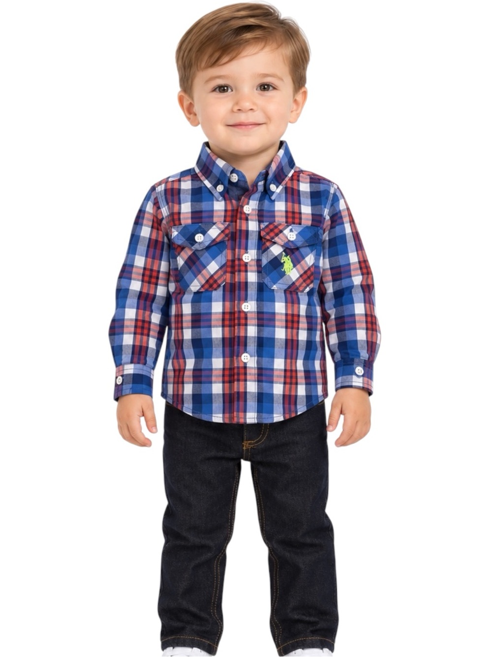 U.S. Polo Assn. Boys Size 2T Plaid Shirt and Dark Wash Jeans 2 Piece Outfit Set
